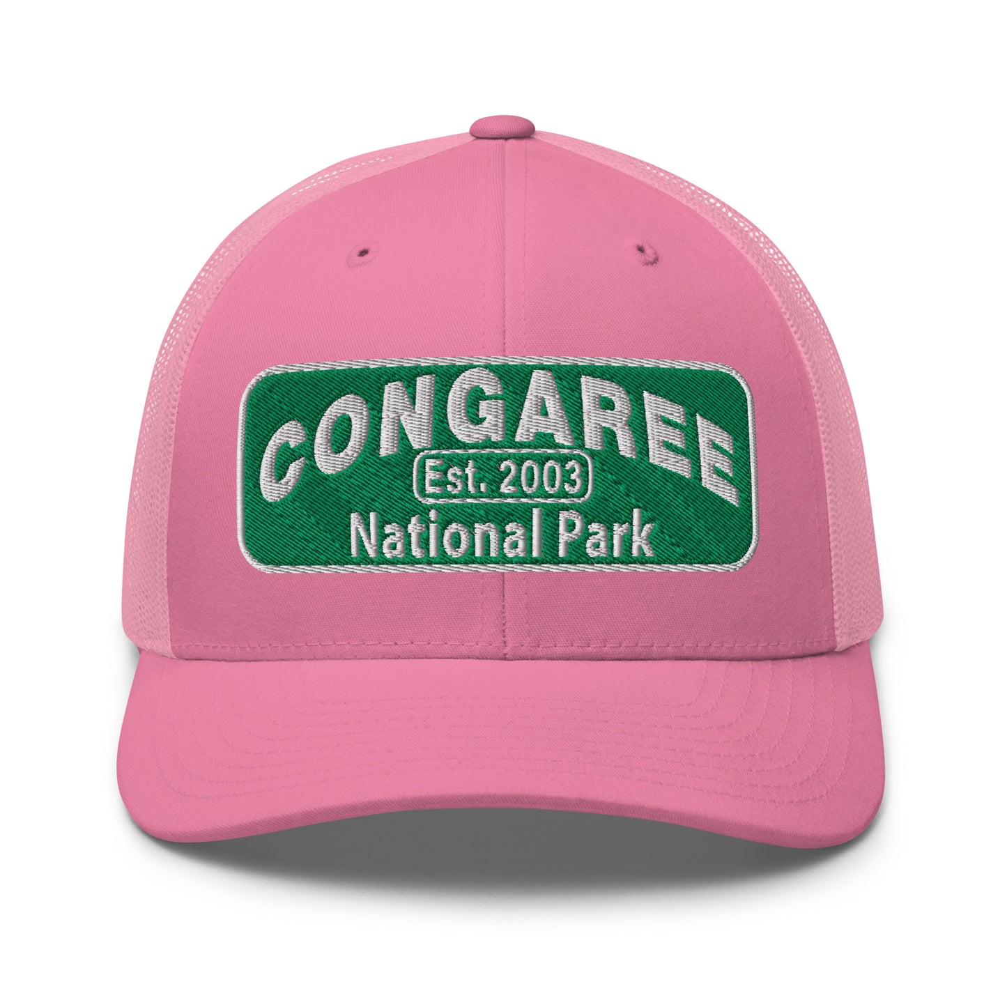 Congaree National Park Hat - Green and White Embroidery patch - Yupoong 6606 Trucker Hat - Front View - Color: Navy