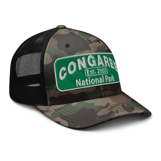 Congaree National Park Camo Hat - Green and White Embroidery patch - Otto 105-1247 Camo Trucker Hat - Side View - Color: Black/Camo