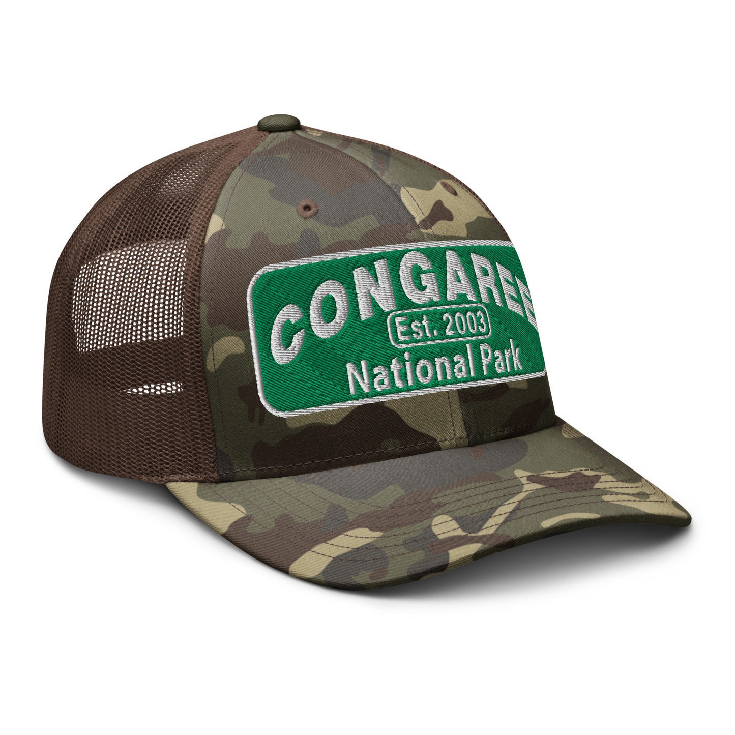Congaree National Park Camo Hat - Green and White Embroidery patch - Otto 105-1247 Camo Trucker Hat - Side View - Color: Brown/Camo