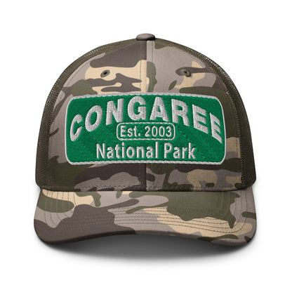 Congaree National Park Camo Hat - Green and White Embroidery patch - Otto 105-1247 Camo Trucker Hat - Front View - Color: Brown/Camo