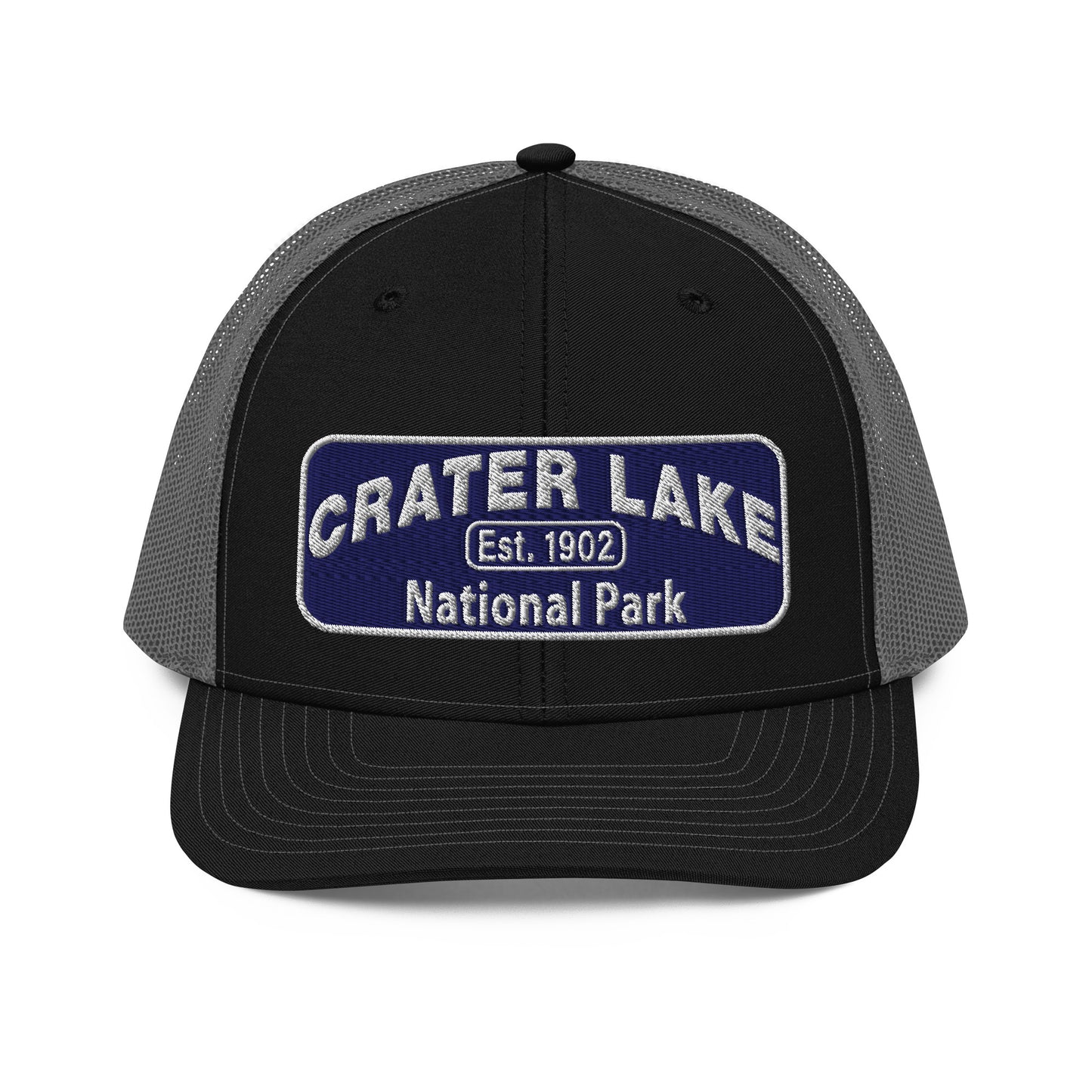 Crater Lake National Park Hat - Blue and White embroidered patch logo - Richardson 112 Trucker Hat - Front View - Color: Black/Charcoal