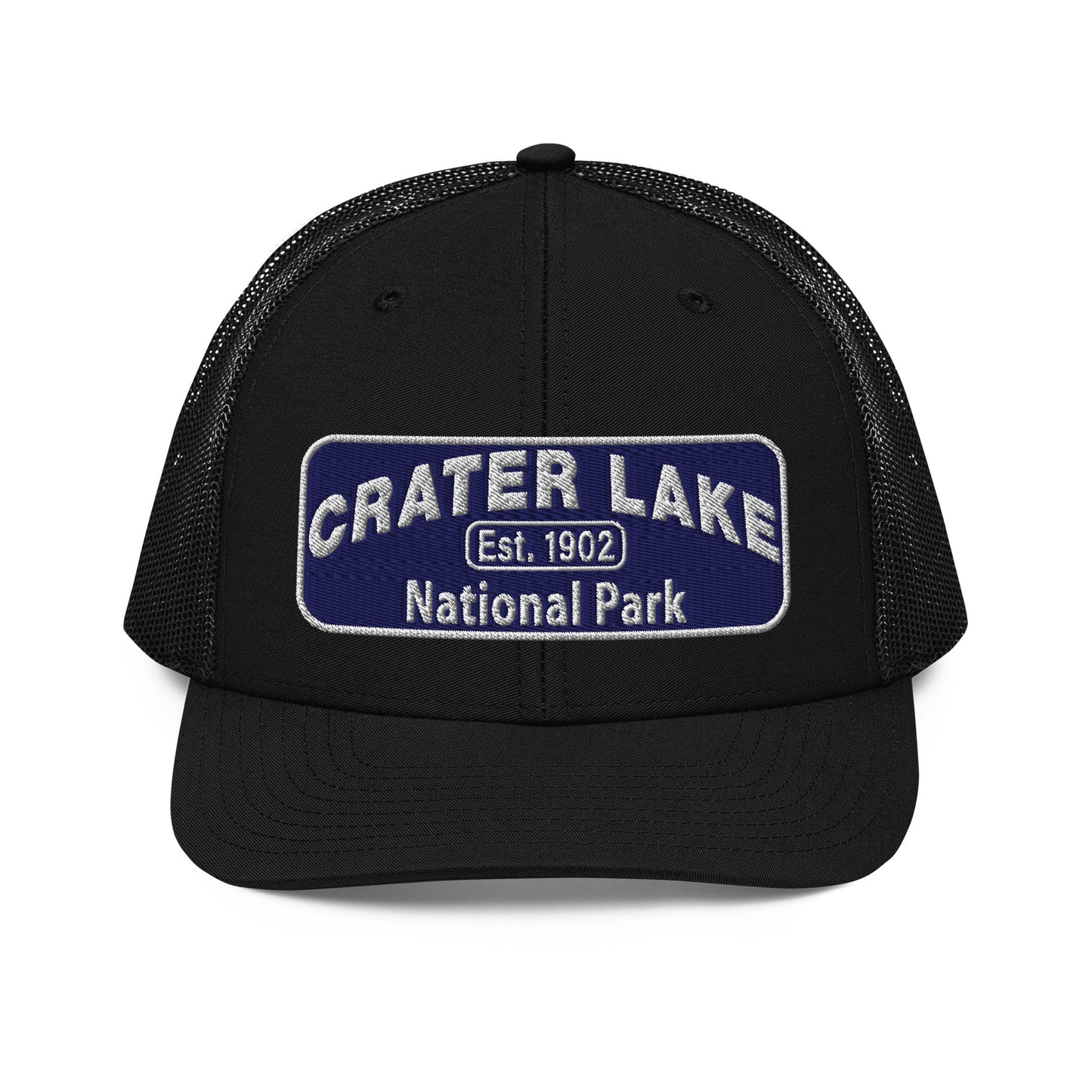 Crater Lake National Park Hat - Blue and White embroidered patch logo - Richardson 112 Trucker Hat - Front View - Color: Black