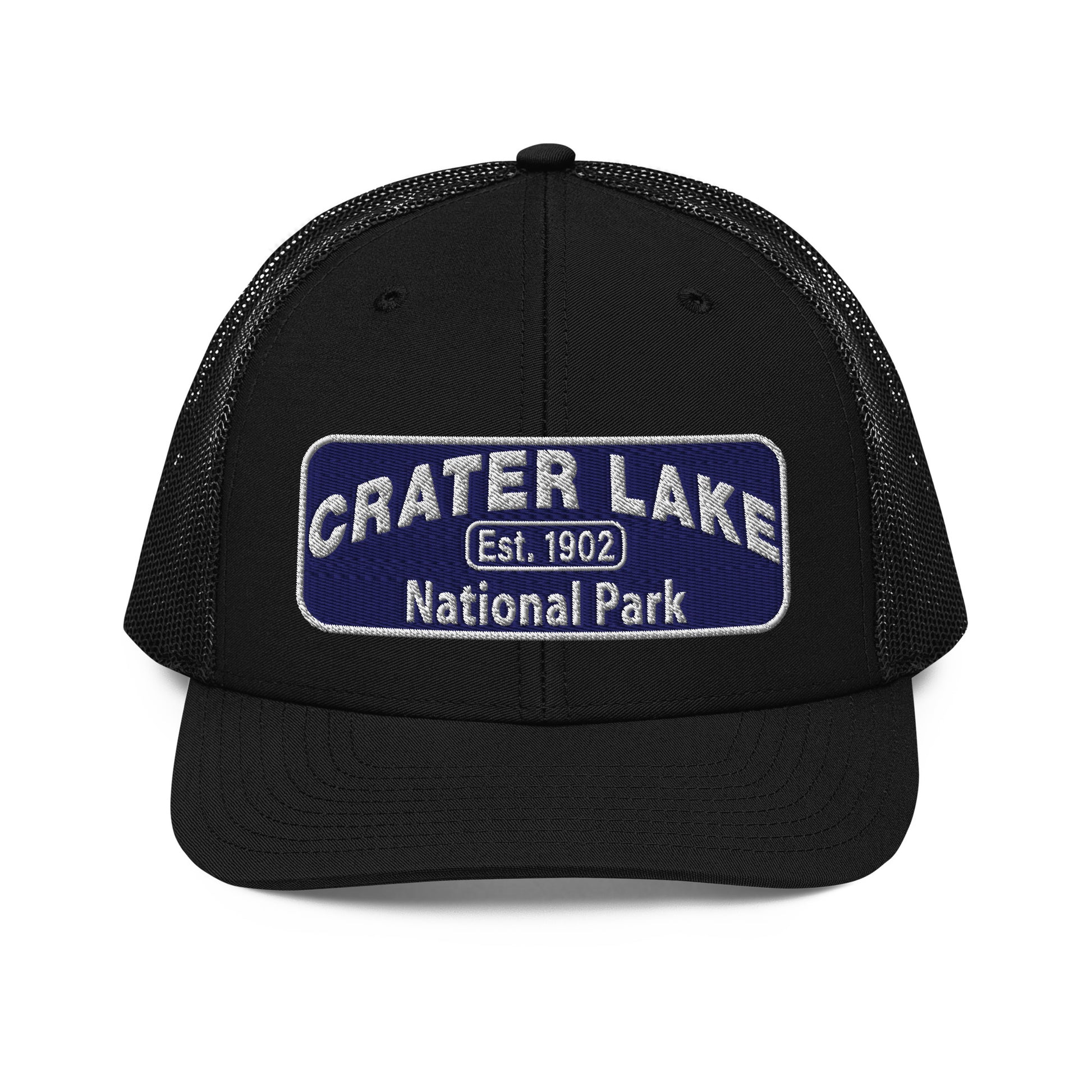 Crater Lake National Park Hat - Blue and White embroidered patch logo - Richardson 112 Trucker Hat - Front View - Color: Black