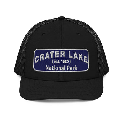 Crater Lake National Park Hat - Blue and White embroidered patch logo - Richardson 112 Trucker Hat - Front View - Color: Black