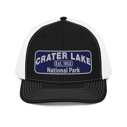Crater Lake National Park Hat - Blue and White embroidered patch logo - Richardson 112 Trucker Hat - Front View - Color: Black/White