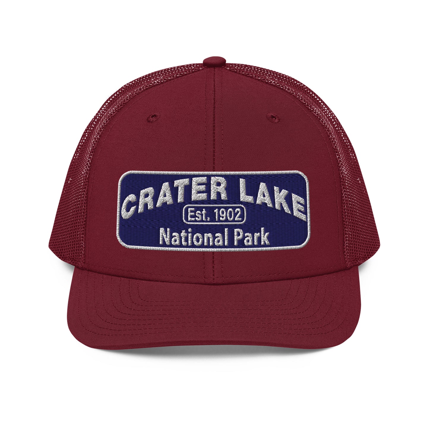 Crater Lake National Park Hat - Blue and White embroidered patch logo - Richardson 112 Trucker Hat - Front View - Color: Cardinal