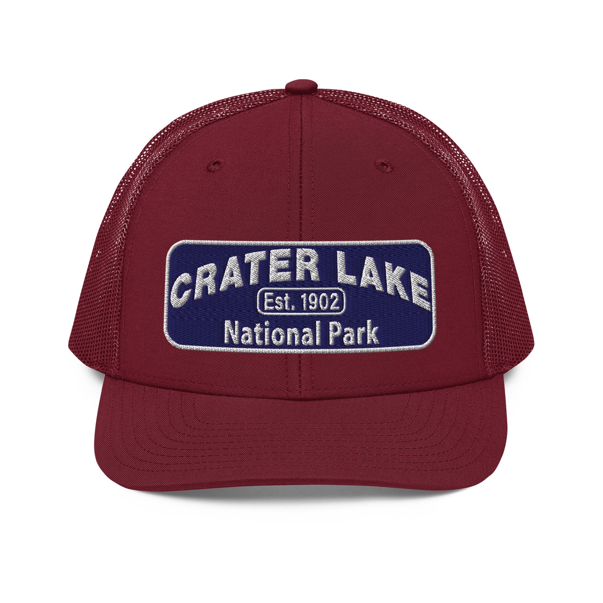 Crater Lake National Park Hat - Blue and White embroidered patch logo - Richardson 112 Trucker Hat - Front View - Color: Cardinal