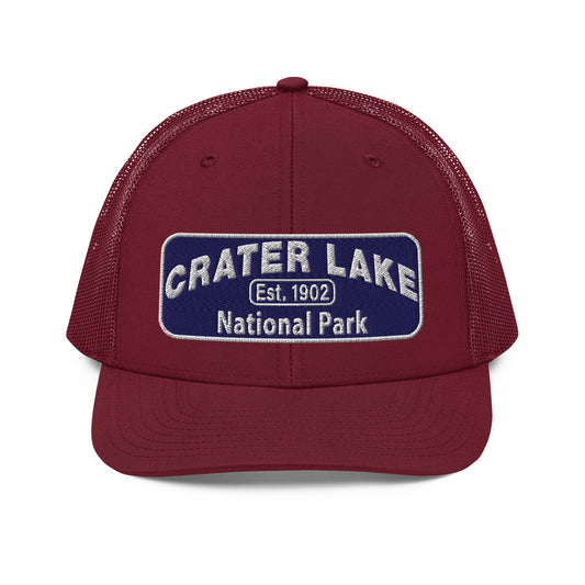 Crater Lake National Park Hat - Blue and White embroidered patch logo - Richardson 112 Trucker Hat - Front View - Color: Cardinal