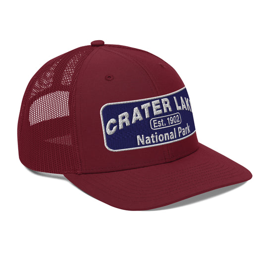 Crater Lake National Park Hat - Blue and White embroidered patch logo - Richardson 112 Trucker Hat - Side View - Color: Cardinal