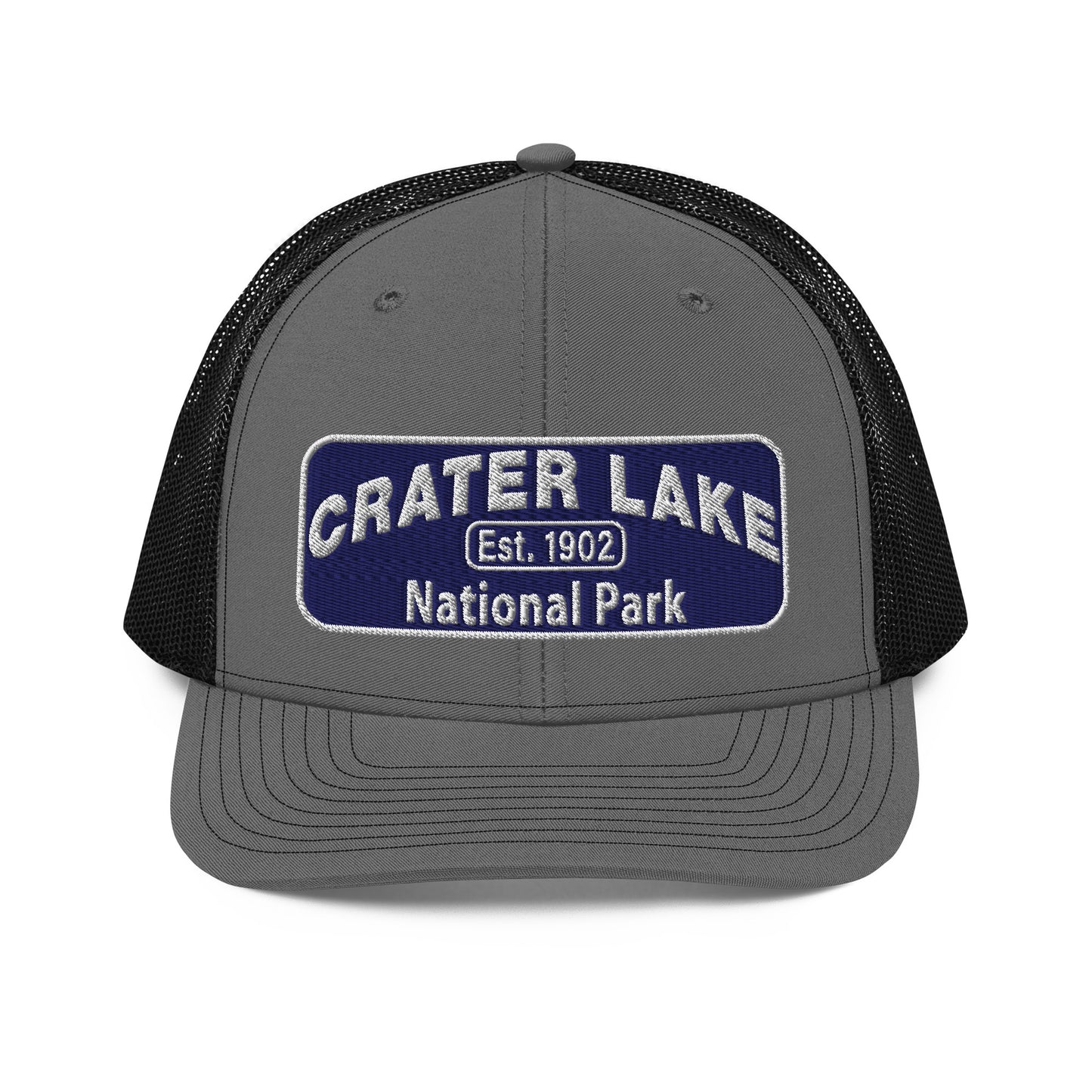 Crater Lake National Park Hat - Blue and White embroidered patch logo - Richardson 112 Trucker Hat - Front View - Color: Charcoal/Black