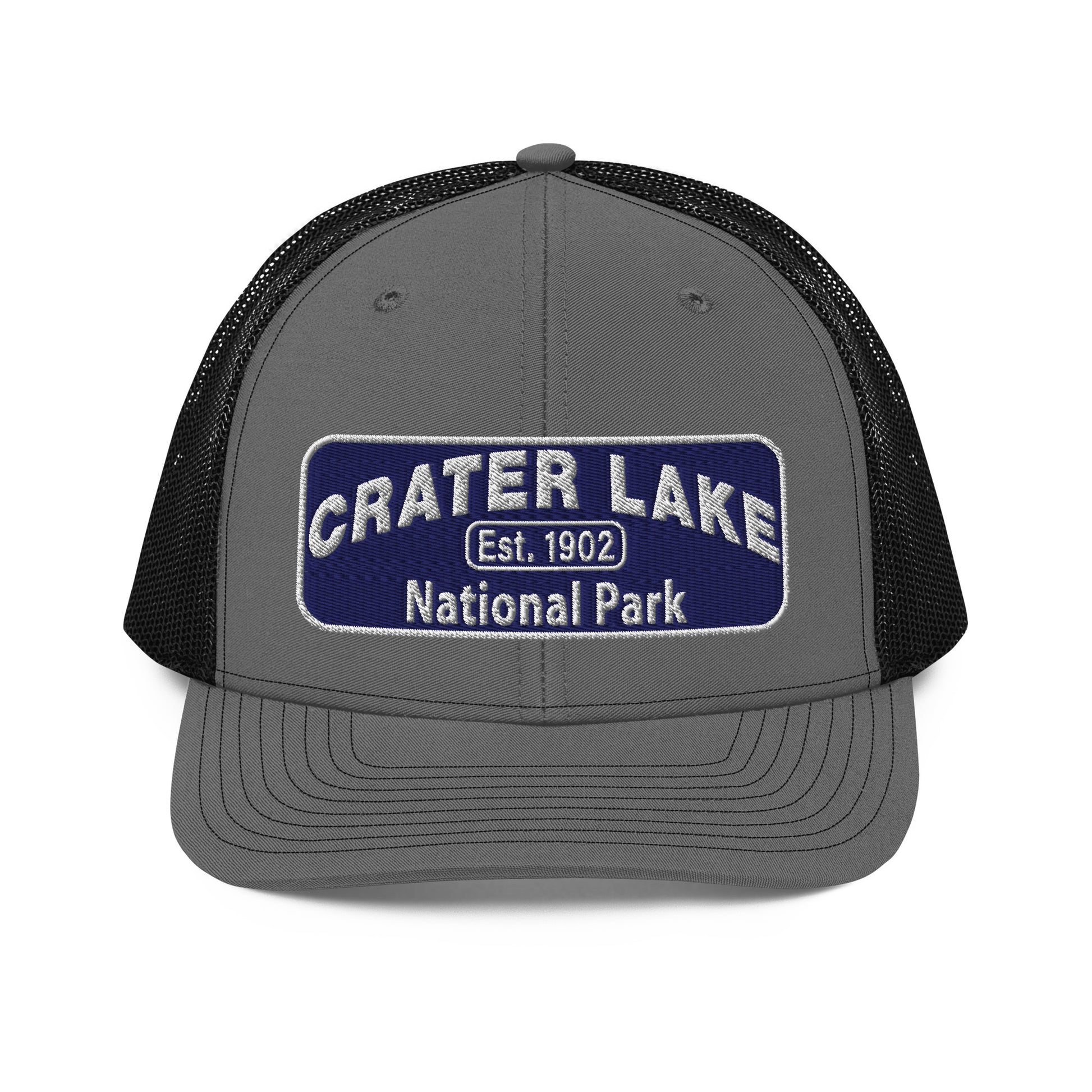 Crater Lake National Park Hat - Blue and White embroidered patch logo - Richardson 112 Trucker Hat - Front View - Color: Charcoal/Black