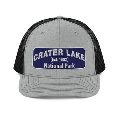 Crater Lake National Park Hat - Blue and White embroidered patch logo - Richardson 112 Trucker Hat - Front View - Color: Heather/Black