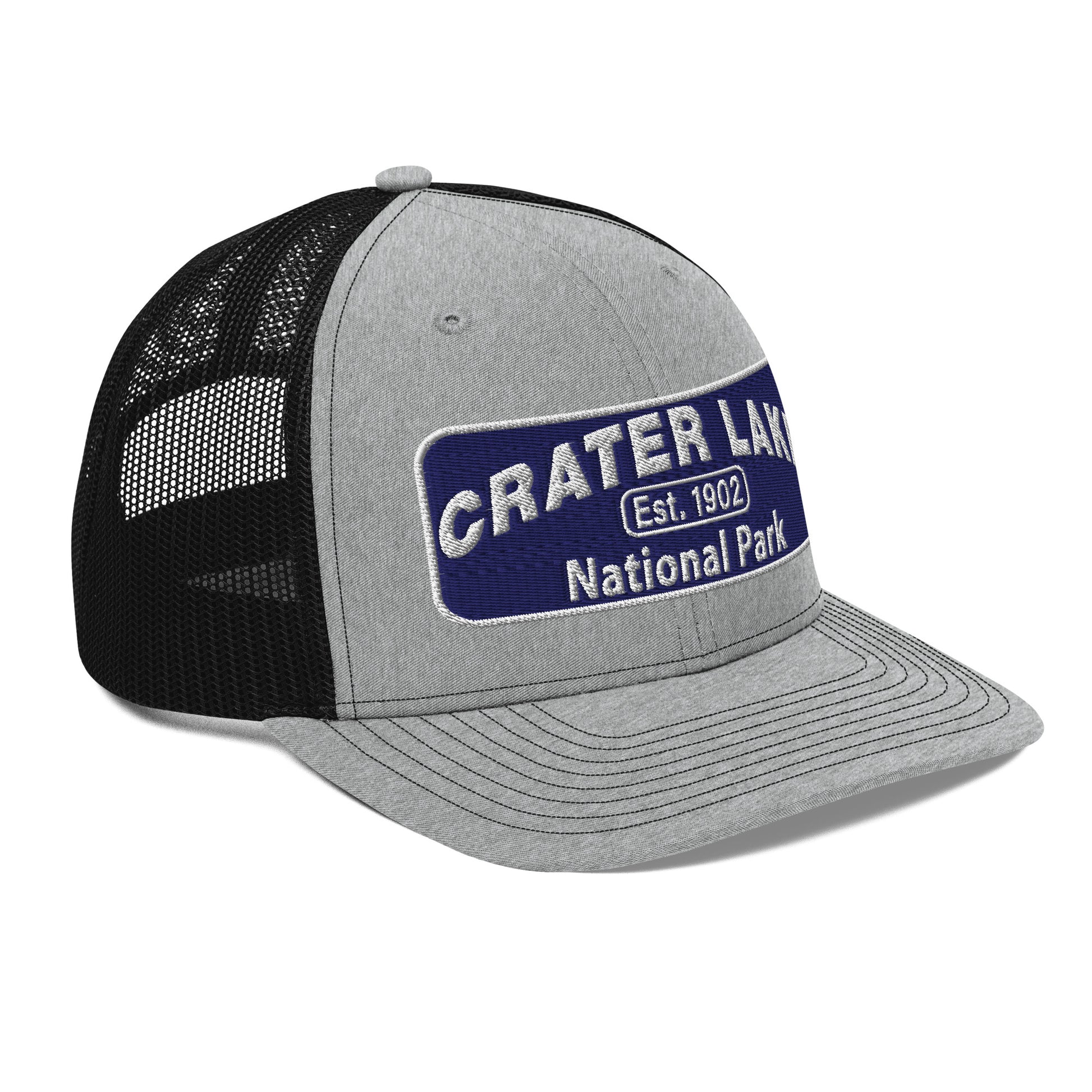Crater Lake National Park Hat - Blue and White embroidered patch logo - Richardson 112 Trucker Hat - Side View - Color: Heather/Black
