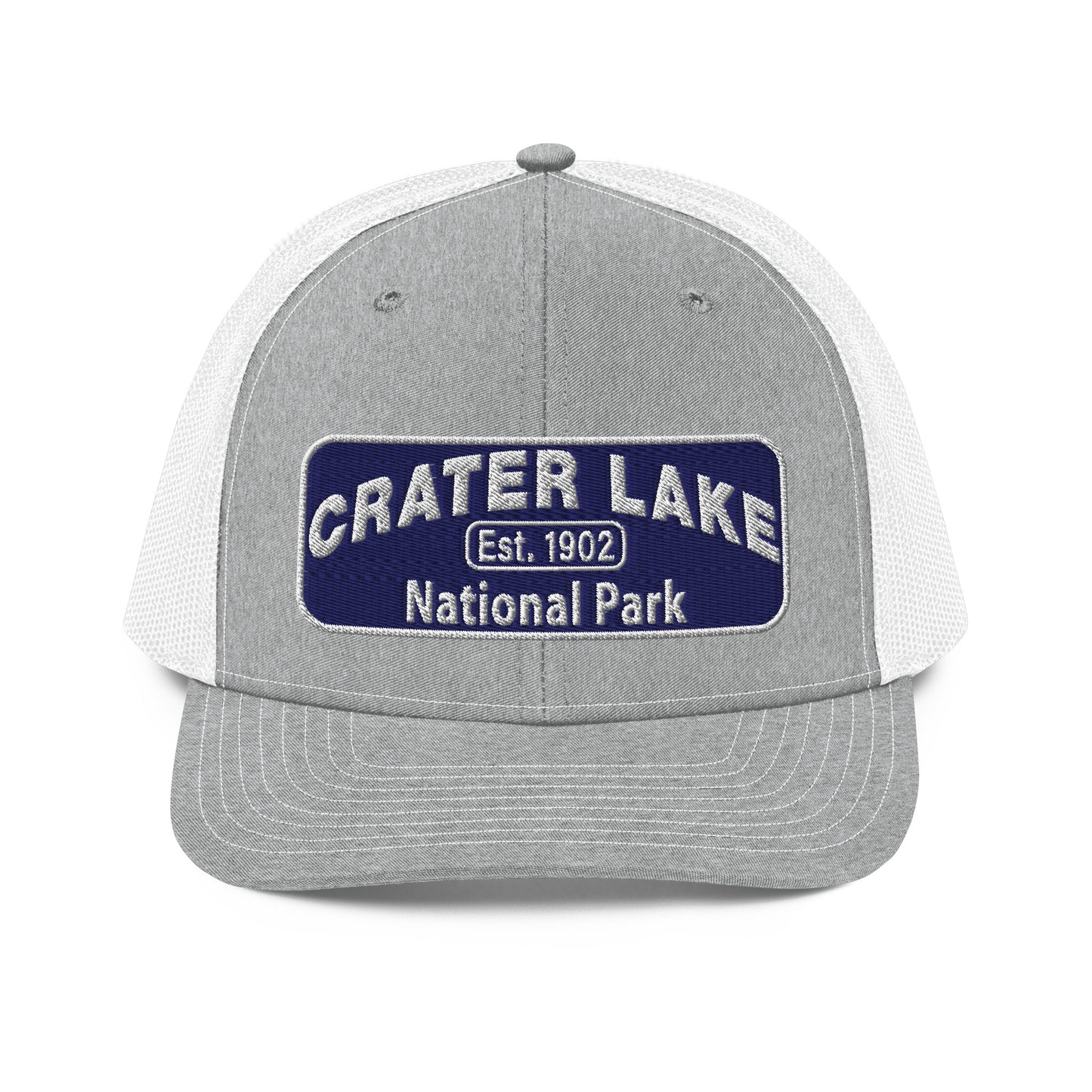 Crater Lake National Park Hat - Blue and White embroidered patch logo - Richardson 112 Trucker Hat - Front View - Color: Heather/White