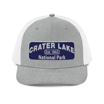 Crater Lake National Park Hat - Blue and White embroidered patch logo - Richardson 112 Trucker Hat - Front View - Color: Heather/White