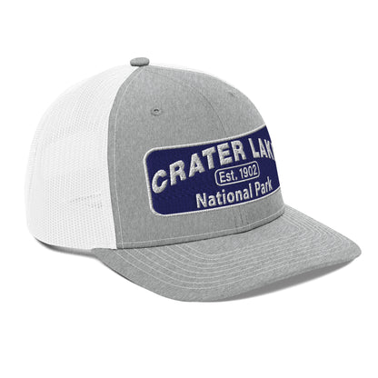 Crater Lake National Park Hat - Blue and White embroidered patch logo - Richardson 112 Trucker Hat - Side View - Color: Heather/White