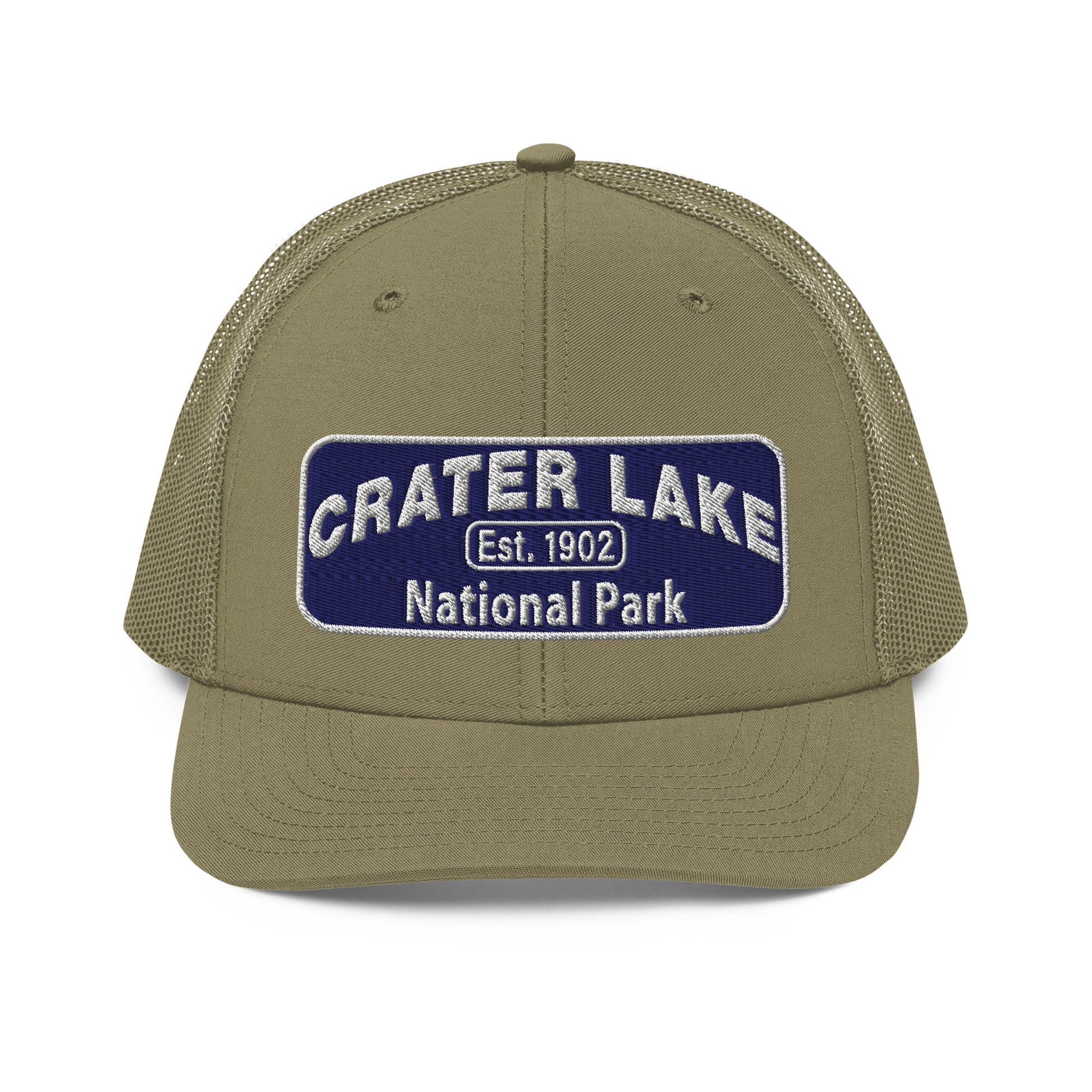 Crater Lake National Park Hat - Blue and White embroidered patch logo - Richardson 112 Trucker Hat - Front View - Color: Loden