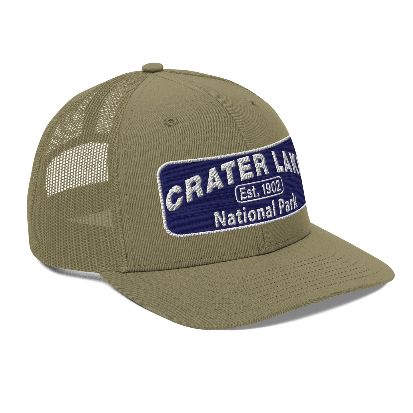 Crater Lake National Park Hat - Blue and White embroidered patch logo - Richardson 112 Trucker Hat - Side View - Color: Loden
