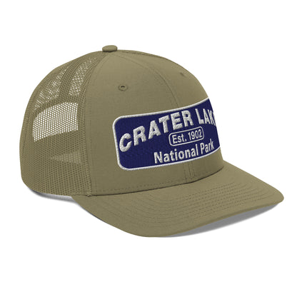 Crater Lake National Park Hat - Blue and White embroidered patch logo - Richardson 112 Trucker Hat - Side View - Color: Loden