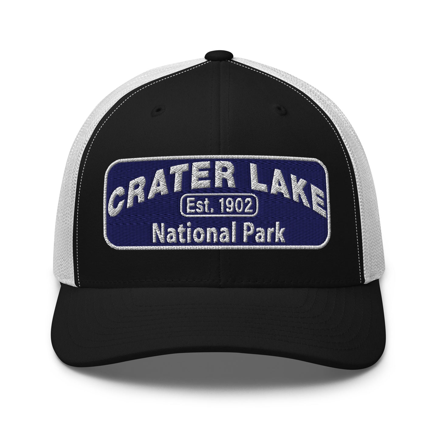 Crater Lake National Park Hat - Blue and White embroidered patch logo - Yupoong 6606 Trucker Hat - Front View - Color: Black/White