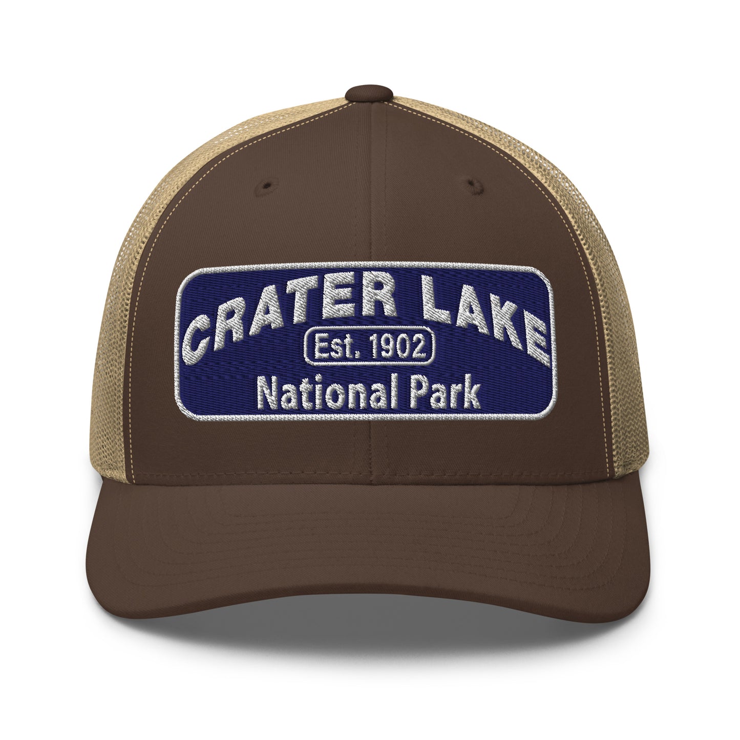 Crater Lake National Park Hat - Blue and White embroidered patch logo - Yupoong 6606 Trucker Hat - Front View - Color: Brown/Khaki