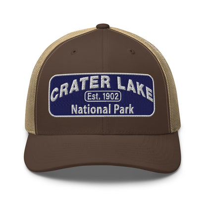 Crater Lake National Park Hat - Blue and White embroidered patch logo - Yupoong 6606 Trucker Hat - Front View - Color: Brown/Khaki