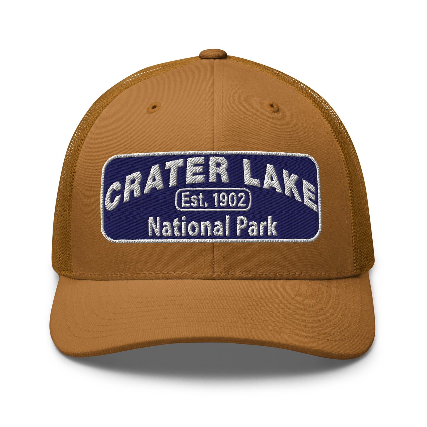 Crater Lake National Park Hat - Blue and White embroidered patch logo - Yupoong 6606 Trucker Hat - Front View - Color: Caramel