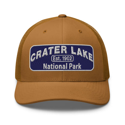 Crater Lake National Park Hat - Blue and White embroidered patch logo - Yupoong 6606 Trucker Hat - Front View - Color: Caramel