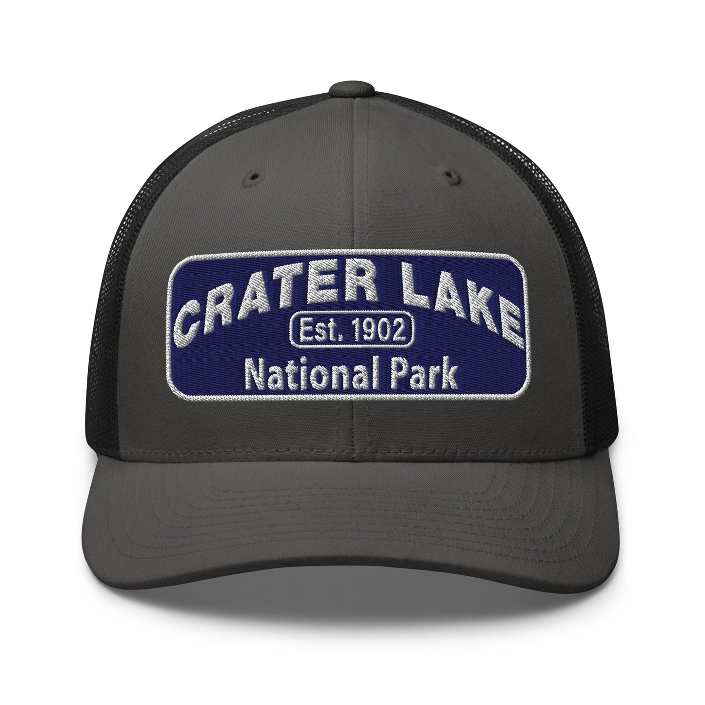 Crater Lake National Park Hat - Blue and White embroidered patch logo - Yupoong 6606 Trucker Hat - Front View - Color: Charcoal/Black