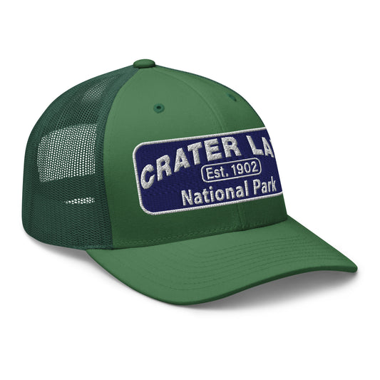 Crater Lake National Park Hat - Blue and White embroidered patch logo - Yupoong 6606 Trucker Hat - Side View - Color: Evergreen