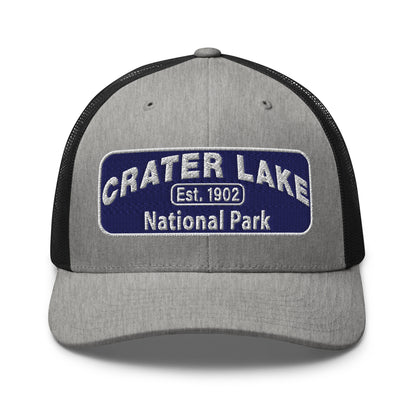Crater Lake National Park Hat - Blue and White embroidered patch logo - Yupoong 6606 Trucker Hat - Front View - Color: Heather/Black