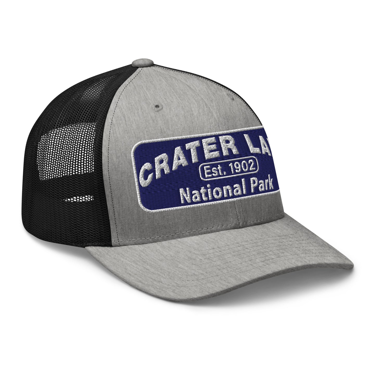 Crater Lake National Park Hat - Blue and White embroidered patch logo - Yupoong 6606 Trucker Hat - Side View - Color: Heather/Black