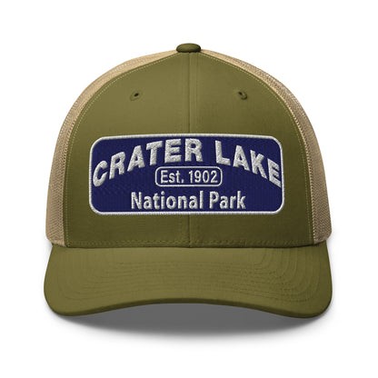 Crater Lake National Park Hat - Blue and White embroidered patch logo - Yupoong 6606 Trucker Hat - Front View - Color: Moss Green/Khaki
