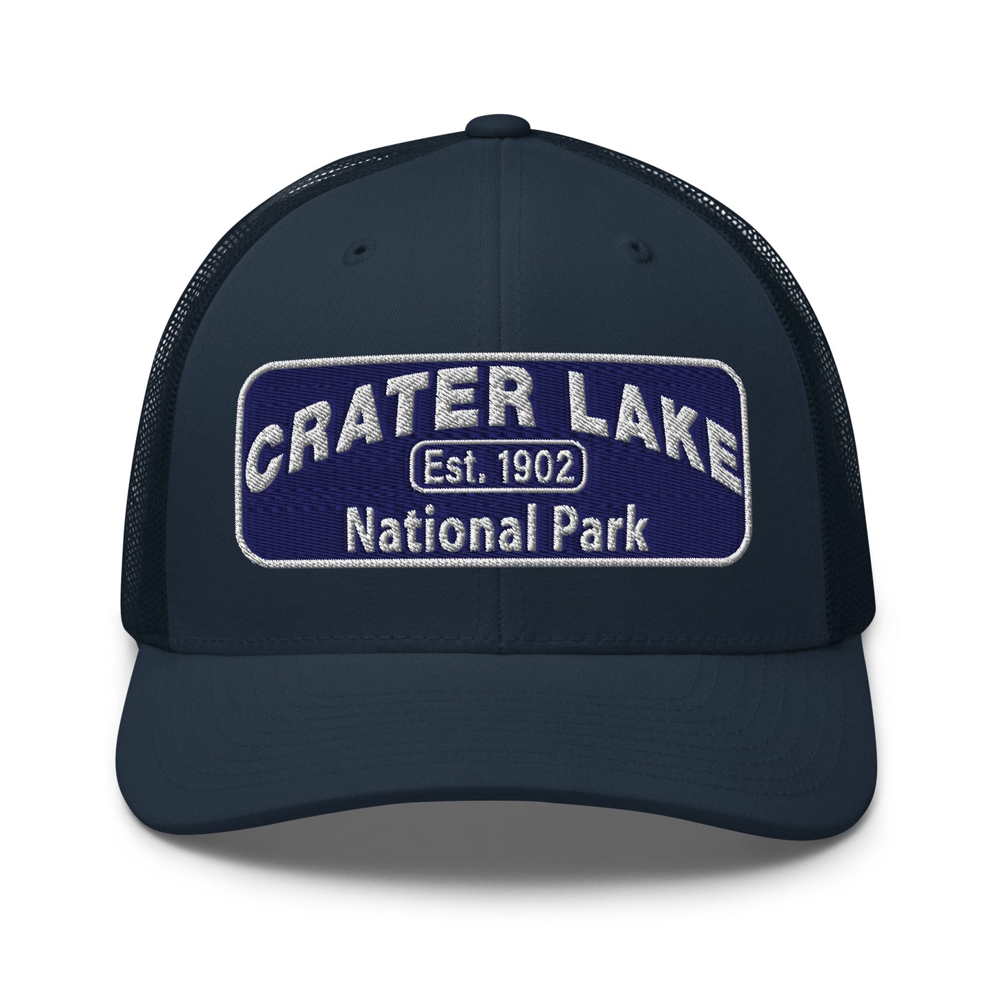 Crater Lake National Park Hat - Blue and White embroidered patch logo - Yupoong 6606 Trucker Hat - Front View - Color: Navy