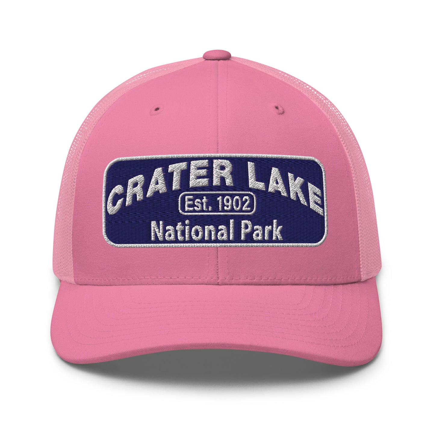 Crater Lake National Park Hat - Blue and White embroidered patch logo - Yupoong 6606 Trucker Hat - Front View - Color: Pink