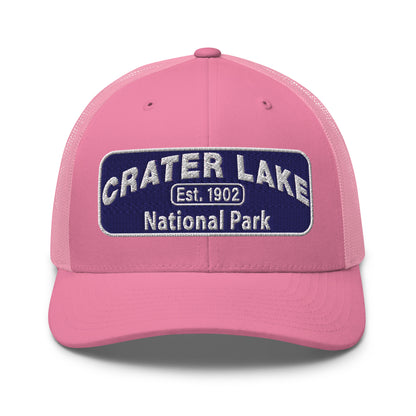 Crater Lake National Park Hat - Blue and White embroidered patch logo - Yupoong 6606 Trucker Hat - Front View - Color: Pink