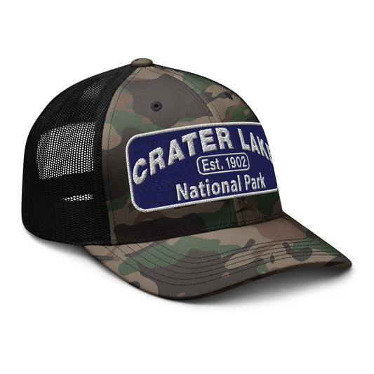 Crater Lake National Park Camo Hat - Blue and White embroidered patch logo - Otto 105-1247 Camo Trucker Hat - Side View - Color: Black/Camo