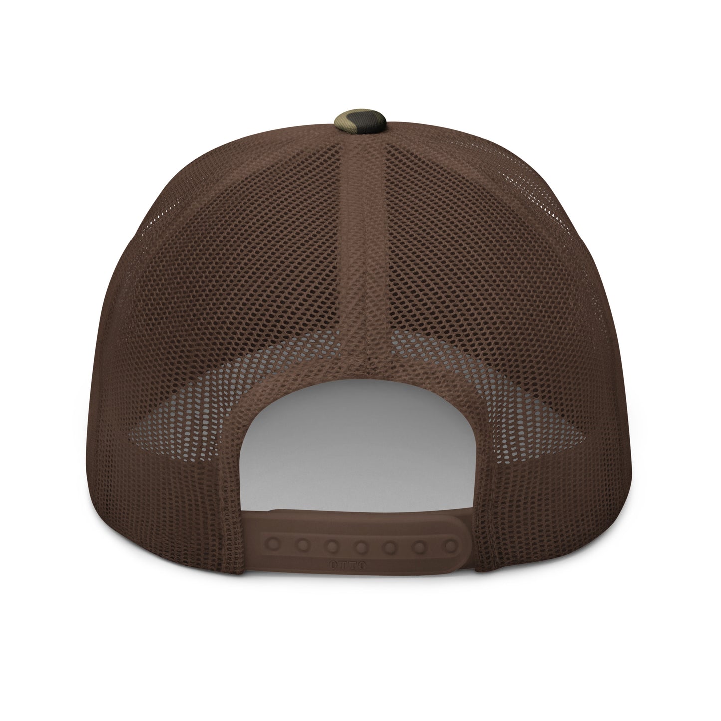 Crater Lake National Park Camo Hat - Blue and White embroidered patch logo - Otto 105-1247 Camo Trucker Hat - Snapback View - Color: Olive/Camo