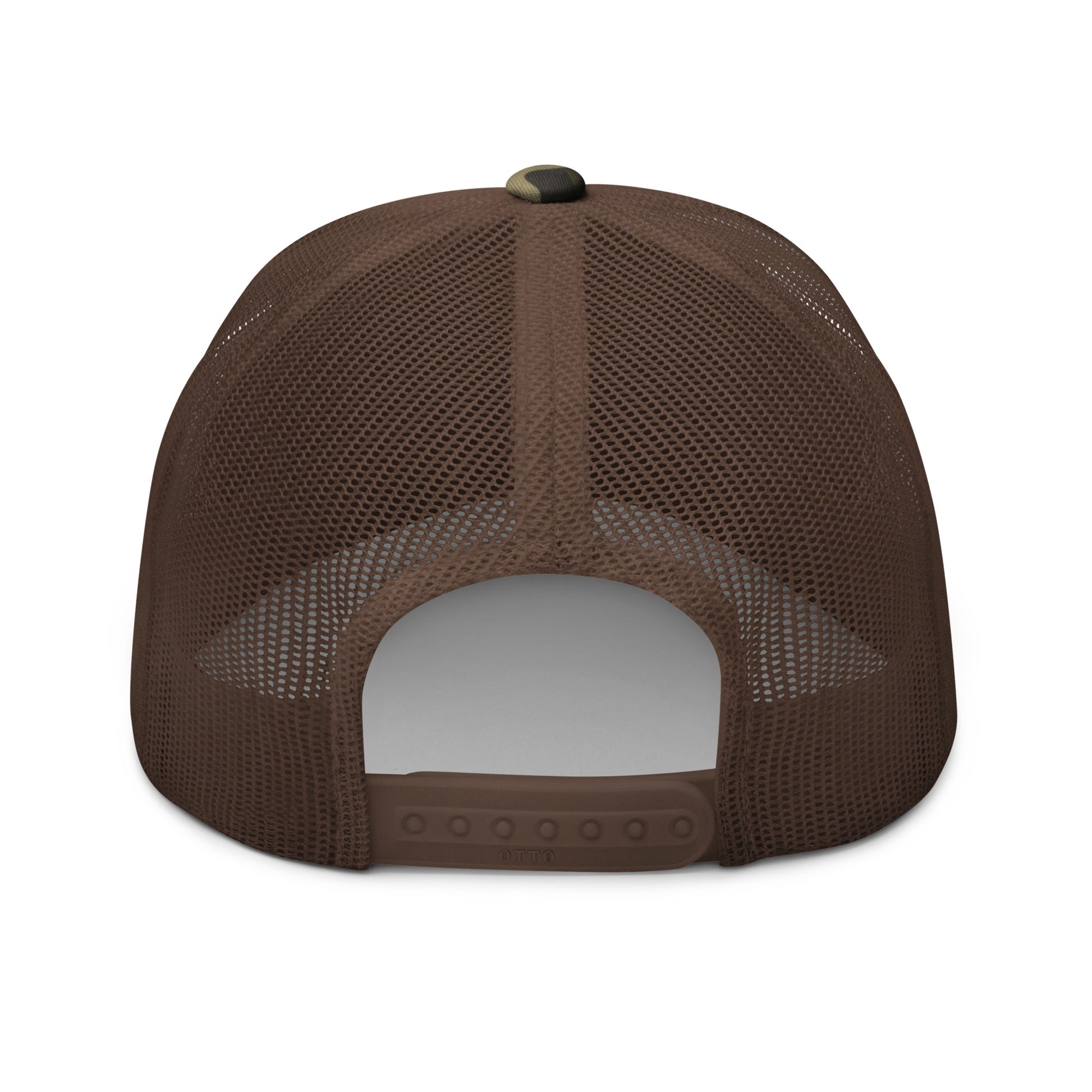 Crater Lake National Park Camo Hat - Blue and White embroidered patch logo - Otto 105-1247 Camo Trucker Hat - Snapback View - Color: Olive/Camo