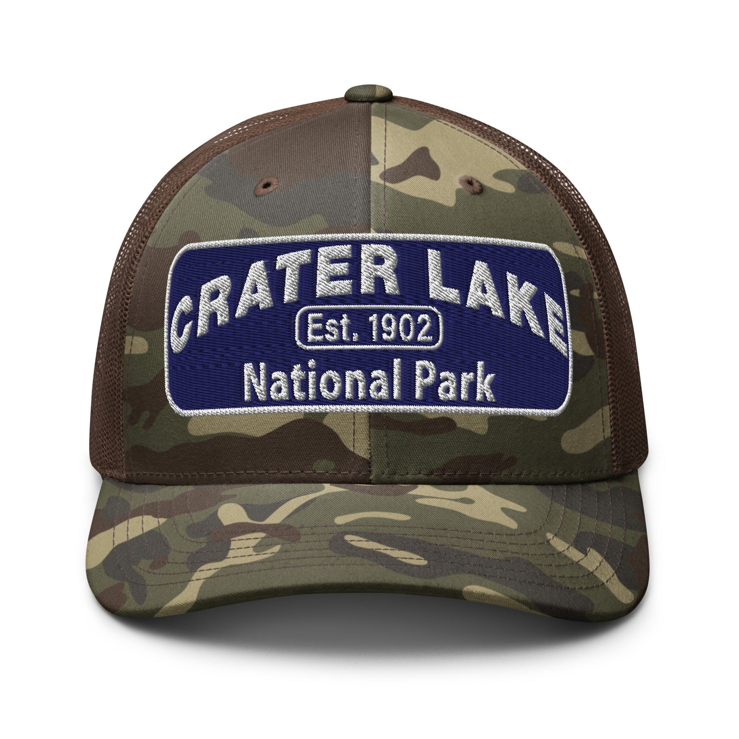 Crater Lake National Park Camo Hat - Blue and White embroidered patch logo - Otto 105-1247 Camo Trucker Hat - Front View - Color: Brown/Camo