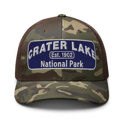 Crater Lake National Park Camo Hat - Blue and White embroidered patch logo - Otto 105-1247 Camo Trucker Hat - Front View - Color: Brown/Camo