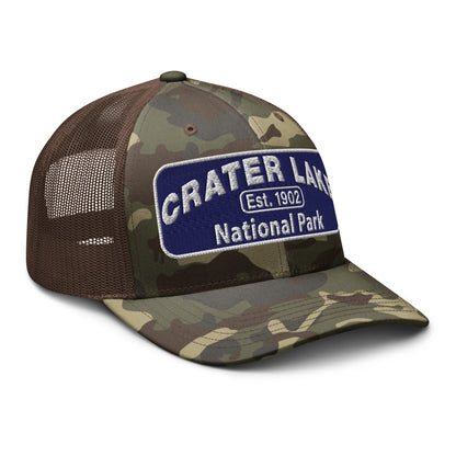 Crater Lake National Park Camo Hat - Blue and White embroidered patch logo - Otto 105-1247 Camo Trucker Hat - Side View - Color: Brown/Camo