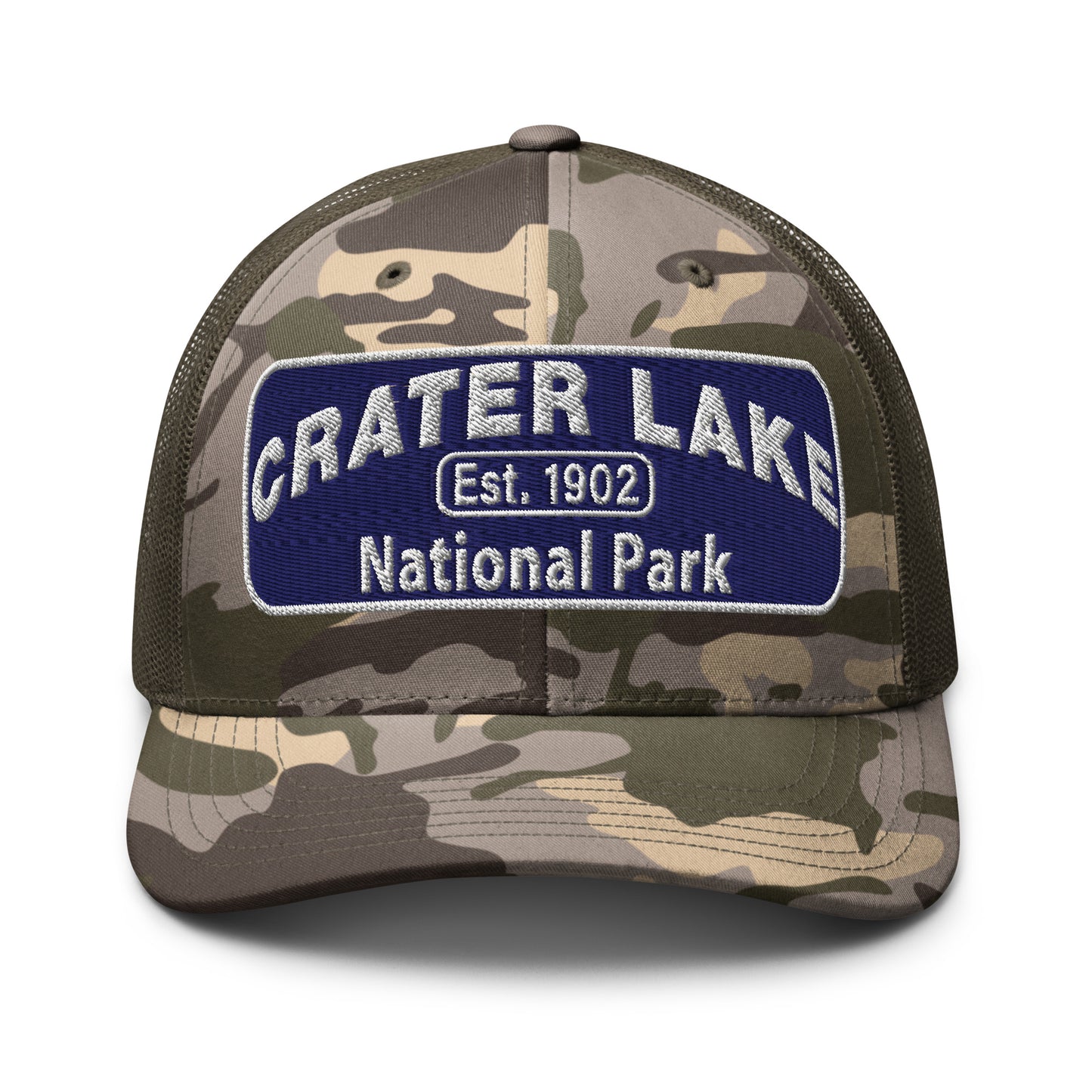 Crater Lake National Park Camo Hat - Blue and White embroidered patch logo - Otto 105-1247 Camo Trucker Hat - Front View - Color: Olive/Camo