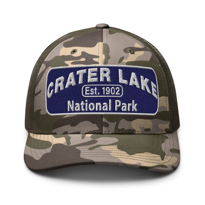 Crater Lake National Park Camo Hat - Blue and White embroidered patch logo - Otto 105-1247 Camo Trucker Hat - Front View - Color: Olive/Camo