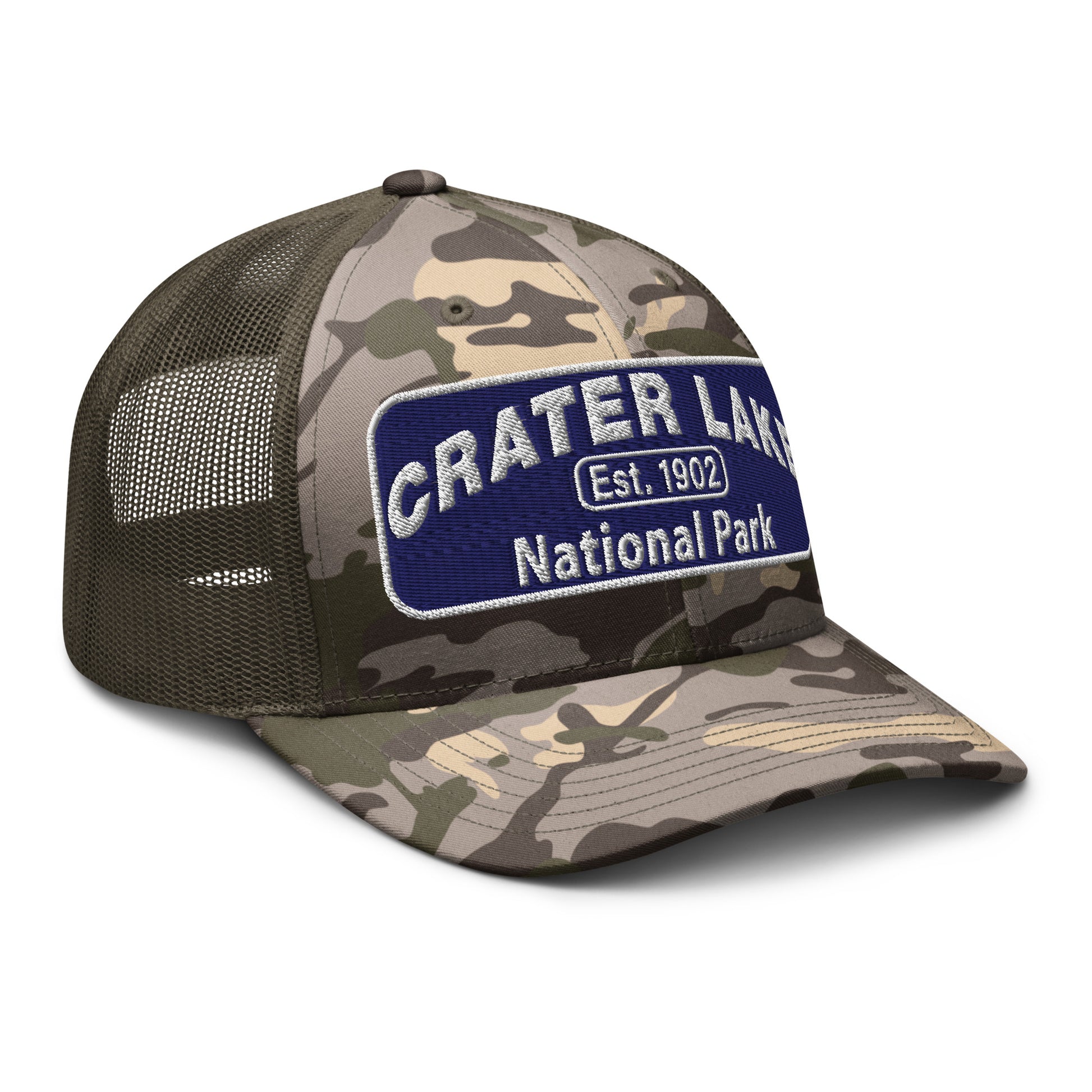 Crater Lake National Park Camo Hat - Blue and White embroidered patch logo - Otto 105-1247 Camo Trucker Hat - Side View - Color: Olive/Camo