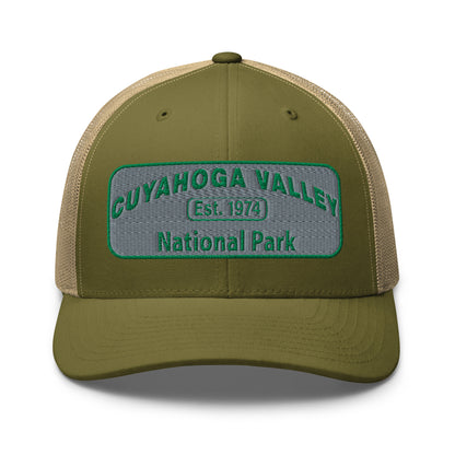 Cuyahoga National Park Hat -Yupoong 6606 Trucker Hat - Front View - Color: Moss Green/Khaki