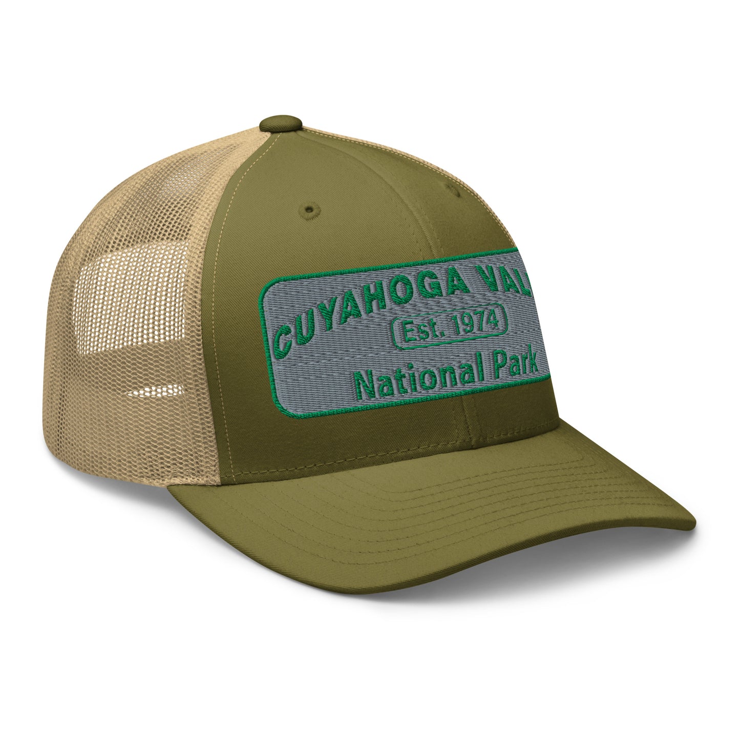 Cuyahoga National Park Hat -Yupoong 6606 Trucker Hat - Side View - Color: Moss Green/Khaki