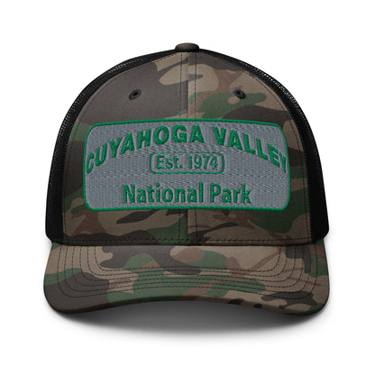 Cuyahoga National Park Camo Hat - Otto 105-1247 Trucker Hat - Front View - Black/Camo 