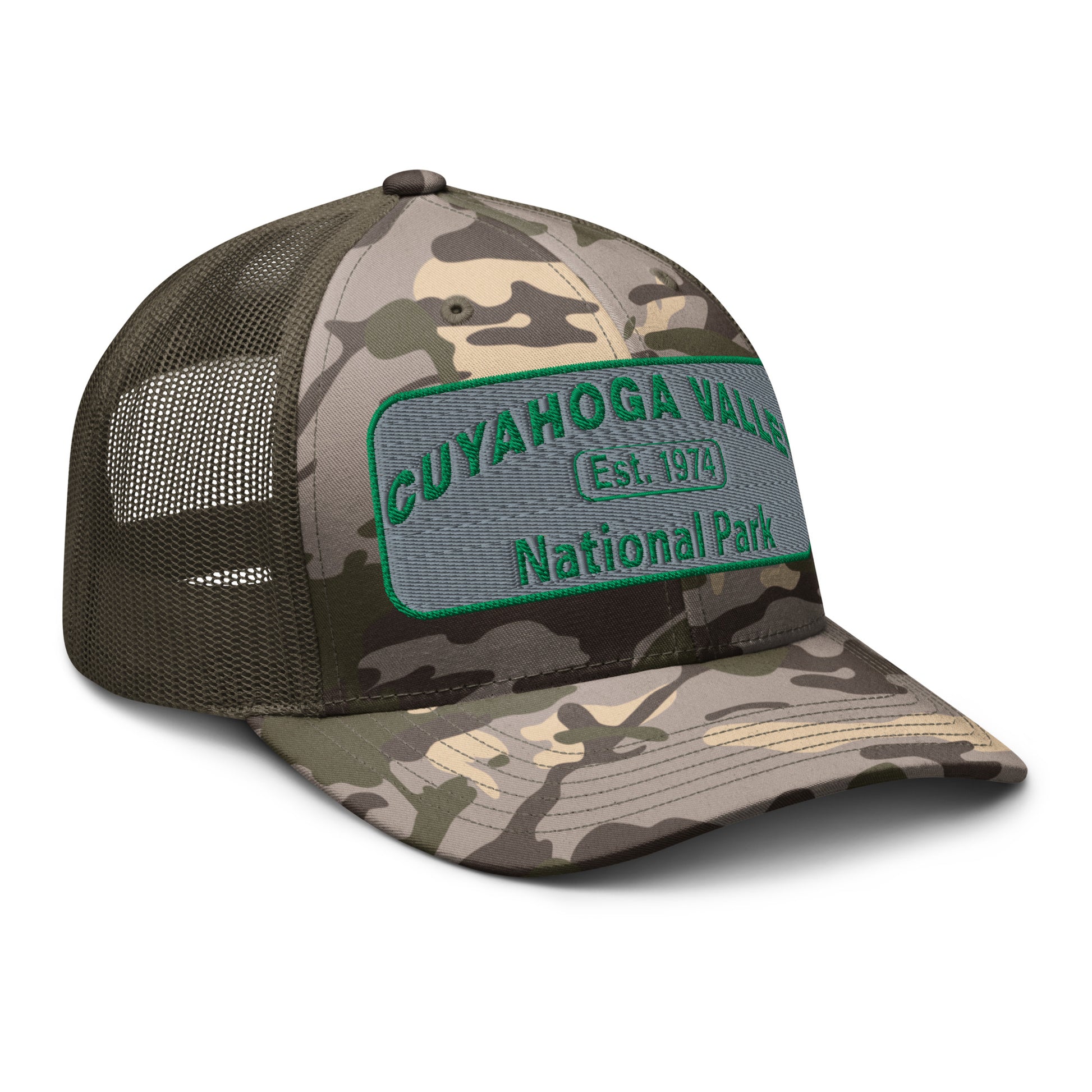 Cuyahoga National Park Camo Hat - Otto 105-1247 Trucker Hat - Side View - Olive/Camo 