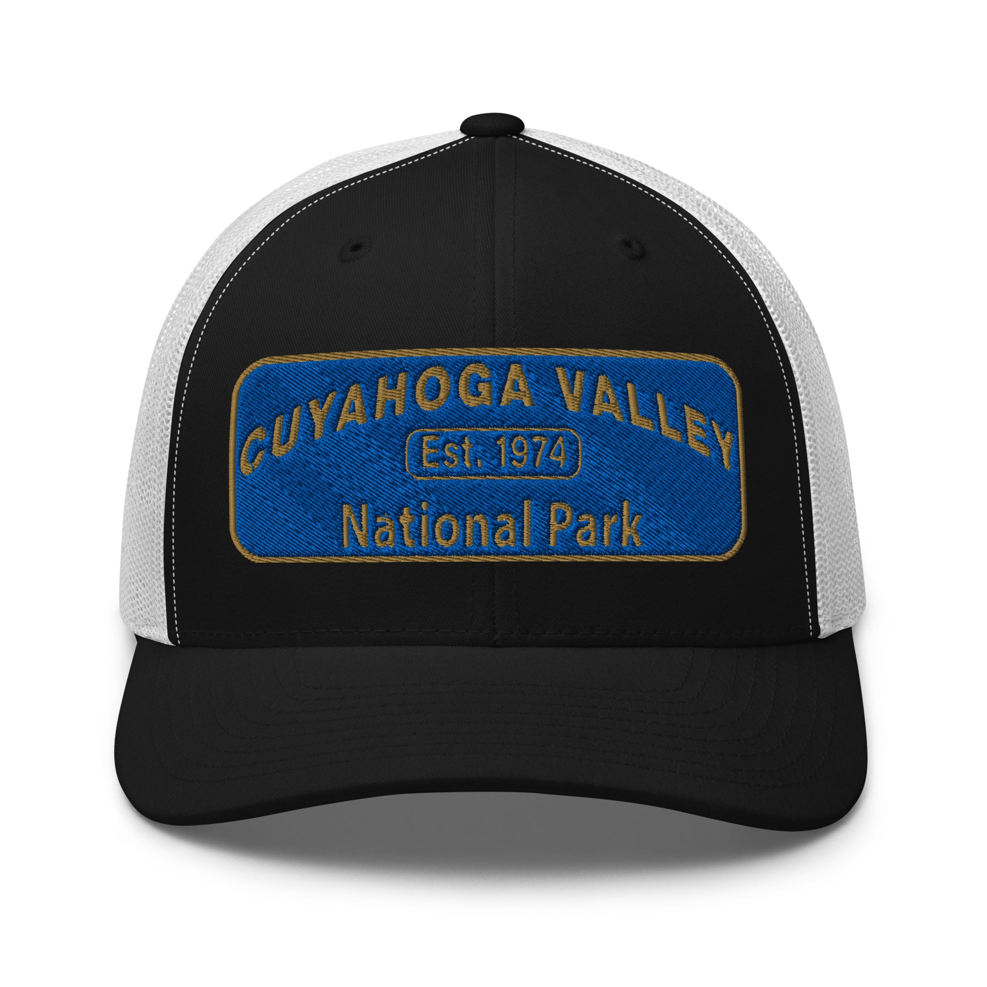 Cuyahoga Valley National Park Hat with a blue and gold embroidered park patch on the front on a Yupoong 6606 black/white trucker hat - front view.